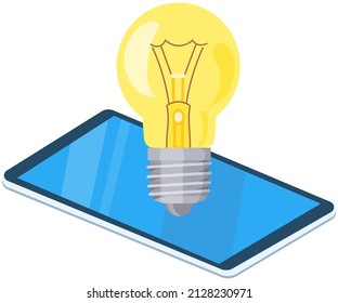 Tablet with light bulb on screen. Modern device with touchpad, touchscreen display. Light bulb as symbol of new idea. Creative project with technology. Lighting device above tablet vector illustration
