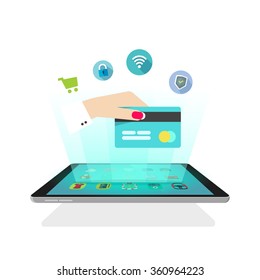 Tablet light rays with icons, hand holding credit card, online secure shopping, abstract ecommerce shop, future mobile technology, electronic wallet, video hologram design vector illustration isolated