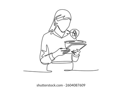 Tablet, lock security and woman in hologram for data safety, software, password or coding in information tech. Technology in business concept. Single line draw design. Vector graphic illustration