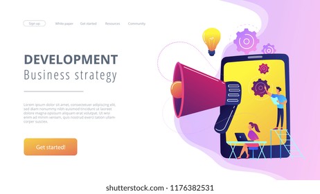 Tablet with loudspeaker and team working on white paper. ICO investment document, startup business strategy, product development plan concept, violet palette. Website landing web page.