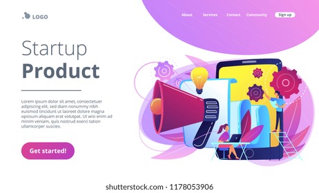 Tablet with loudspeaker and team working on white paper. ICO investment document, startup business strategy, product development plan concept, violet palette. Website landing web page.