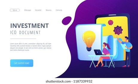 Tablet with loudspeaker and team working on white paper. ICO investment document, startup business strategy, product development plan concept, violet palette. Website landing web page.