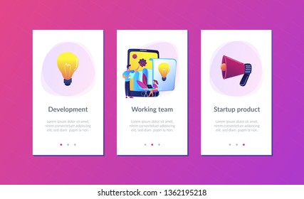 Tablet with loudspeaker and team working on white paper. ICO investment document, startup business strategy, product development plan concept, violet palette. App interface template.