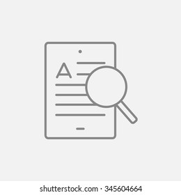 Tablet and magnifying glass line icon for web, mobile and infographics. Vector dark grey icon isolated on light grey background.