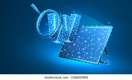 Tablet with magnifying glass on letter W. World wide web analysis, domain search concept. Abstract, digital wireframe, low poly, mesh vector blue neon 3d illustration. Line, dot