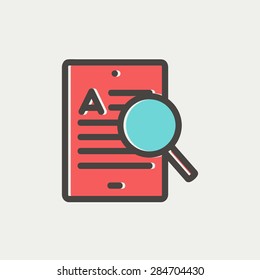 Tablet and magnifying glass searching network icon thin line for web and mobile, modern minimalistic flat design. Vector icon with dark grey outline and offset colour on light grey background.