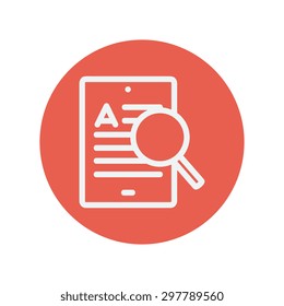 Tablet and magnifying glass searching network thin line icon for web and mobile minimalistic flat design. Vector white icon inside the red circle.