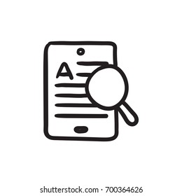 Tablet and magnifying glass vector sketch icon isolated on background. Hand drawn Tablet and magnifying glass icon. Tablet and magnifying glass sketch icon for infographic, website or app.