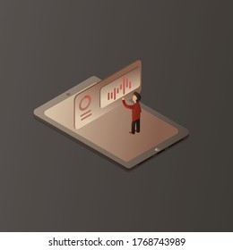 A tablet man is looking at a graph. Vector image for the site.
Isometric 3d brown tone.Illustration for business

