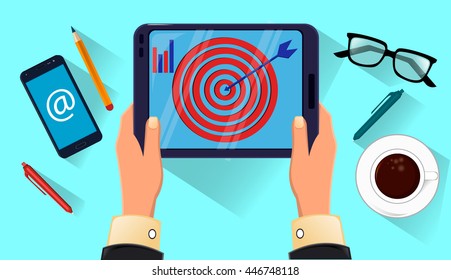 Tablet in man's hands. Coffee, glasses, smartphone on the table. Icon modern technologies. Vector stock illustration