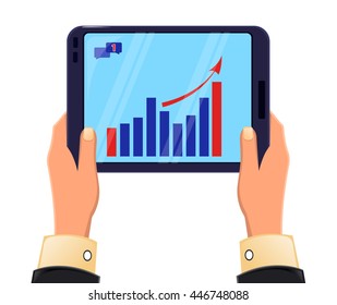 Tablet in man's hands. Growing graph. Icon modern technologies. Vector stock illustration