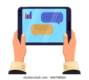 Tablet in man's hands. Message exchange. Icon modern technologies. Vector stock illustration