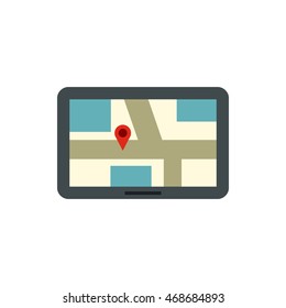 Tablet with a map of area icon in flat style isolated on white background. Navigation symbol