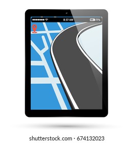 Tablet map location. PC tablet screen with gps navigation, pin pointer and road. Computer pad location point display. Vector illustration.
