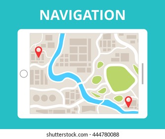 Tablet with map navigation. Finding the way concept in flat design. Vector illustration.