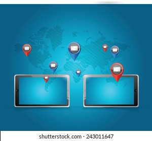 tablet media communication network illustration design over a blue background