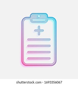comprimido, documento médico. Logo coloreado con líneas diagonales y degradado azul-rojo. Gráfico neón, efecto ligero