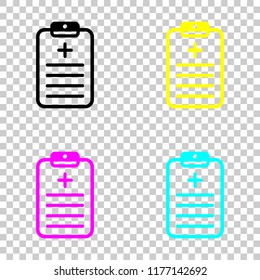 tablet, medical document. Colored set of cmyk icons on transparent background