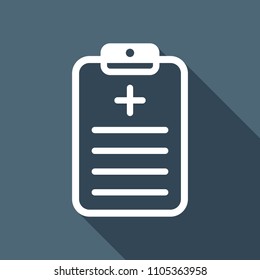 tablet, medical document. White flat icon with long shadow on background