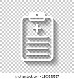 tablet, medical document. White icon with shadow on transparent background