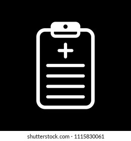 tablet, medical document. White icon on black background. Inversion