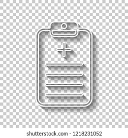 tablet, medical document. White outline sign with shadow on transparent background