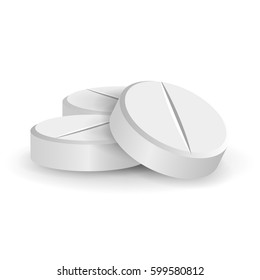 Tablet Medicine Pill White 3D Medical Pills Or Drugs Vector Illustration. Tablets Isolated On White Background. Vitamin And Painkiller Illustration