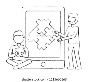 tablet with men and puzzle pieces isolated icon