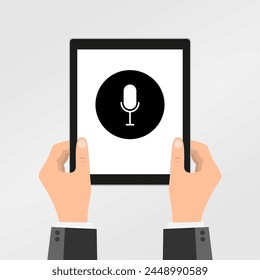 Tablet with microphone. Icon for design. Blank, white and black backgrounds - Line icon