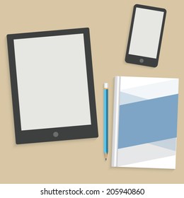 Tablet, Mobile Devices and Diary Isolated, Vector Illustration.