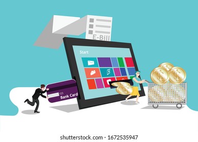 Tableta móvil de la banca electrónica en línea vector, transferencia de dinero tarjeta bancaria,recibir el concepto de banca en línea de presupuesto,electrónica de negocios,iconos de caricaturas,arte vectorial e ilustración.