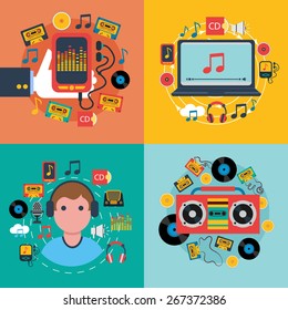 Tablet mobile music apps concept 4 flat icons composition with cd cassette player abstract isolated vector illustration