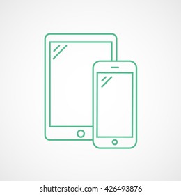 Tablet and Mobile Phone Green Line Icon On White Background