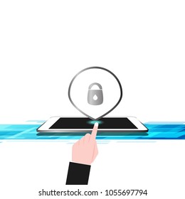 Tablet and mobile phone lock safety protection business concept with finger touch screen flat design vector illustration