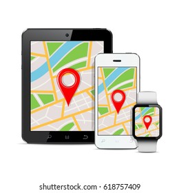 Tablet, mobile phone and smart watch with gps map on screen