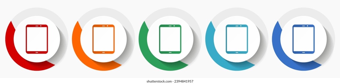 Tablet, mobile, phone, smartphone vector icon set, flat design colorful round icons in 5 color options for webdesign and mobile applications