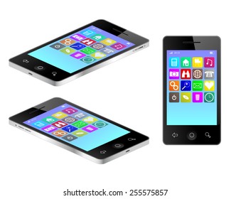 Tablet mobile phone in three views vector illustration 
