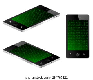 Tablet mobile phone in three views with hexadecimal data background. Vector illustration