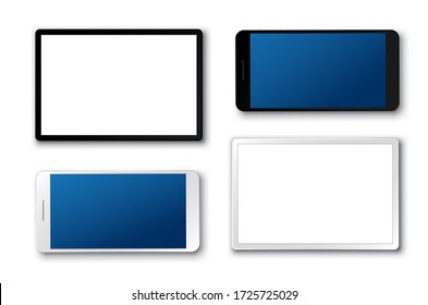 Tablet and mobile phone vector set. Mobile phones and touchscreen tablet in 3D realistic look with white screen isolated in white. Vector illustration.
