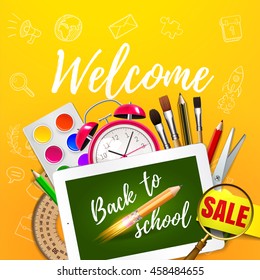 Tablet mock up template with school supplies on green blackboard . Welcome Back to school concept. Vector illustration. EPS 10
