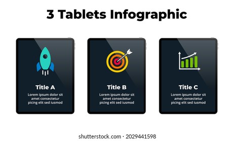 Tablet mock up. Infographic slide template. 3 steps, parts, options presentation. Business success color icons. User interface and experience screen. 
