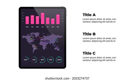 Tablet mock up. Infographic slide template. World map. Financial report. Chart and percentage diagram. Electronic device presentation. User interface and experience screen. 