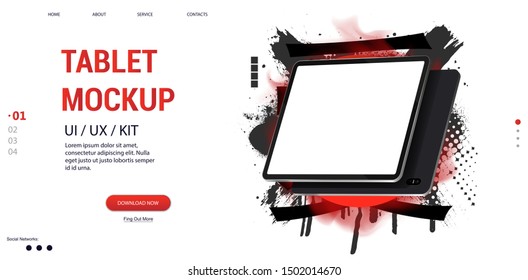Tablet mockup and abstract web page template. Tablet, isometric, rotated position. 3D tablet frame with blank screen. Realistic device mockup. Template for presentation. Vector illustration 
