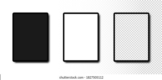 Tablettenfilm hochladen. Tablette mit Schwarz, Weiß und transparentem Bildschirm. Vorlage Muster Tablet in realistischem Design. Vektorgrafik