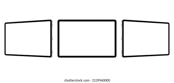 Tablet Mockup With Horizontal Screen, Front and Side View, Isolated on White Background. Vector Illustration