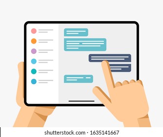 Tablet mockup in human hand. Chat messenger texting application. User list, message bubble. EPS10 Vector