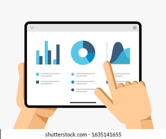 Tablet mockup in human hand. Finance report application for team work. Chart, data, diagram. EPS10 Vector
