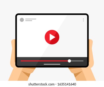 Tablet mockup in human hand. Video player application on white background. Play, pause, slider button. EPS10 Vector