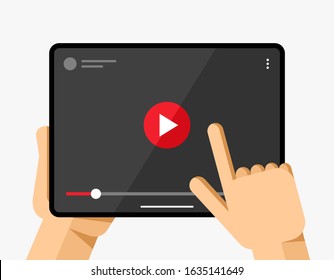 Tablet mockup in human hand. Video player application on black background. Play, pause, slider button. EPS10 Vector