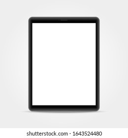 Tablet mockup on white backdrop. Realistic vertical gadget template with empty screen. Modern tablet computer. Smart device concept. Vector illustration.